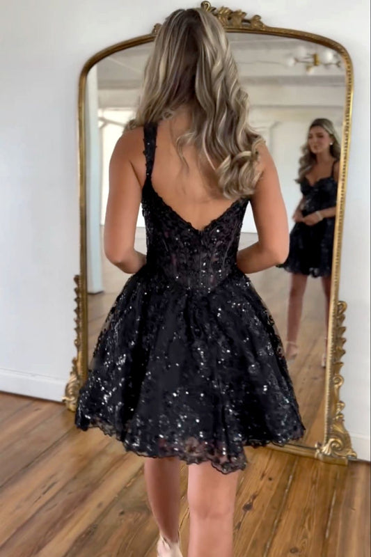 Black A Line Straps Homecoming Dress with Sparkling Sequin and Short Silhouette