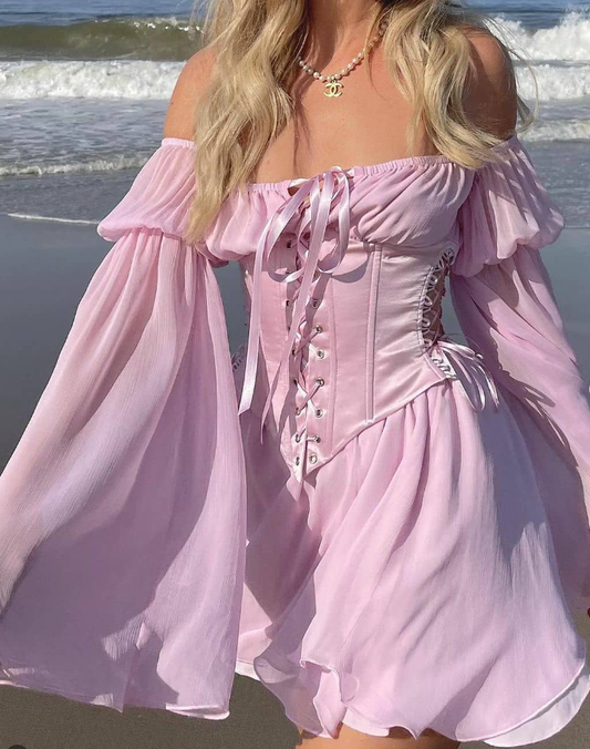 Pink A Line Long Sleeve Chiffon Satin Short Homecoming Dress Outfits SH2182