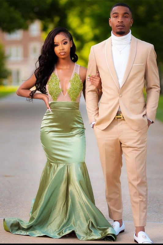 Charming Green Appliques Mermaid Prom Dress Sweep Train Evening Dress SH709