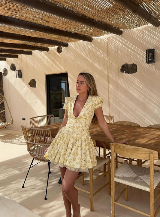 Princess A Line V Neck Print Flower Yellow Tulle Satin Short Homecoming Dress SH2127