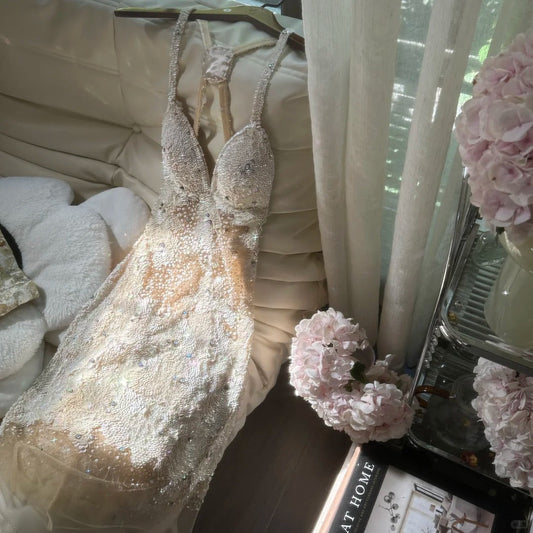 Ivory White Beaded Shiny Sequin Short Chiffon Homecoming Dress Prom Dress Party Dress gh4623