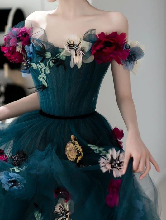 Unique Off The Shoulder Tulle Appliques Long Evening Dress Formal Prom Dress SH1036