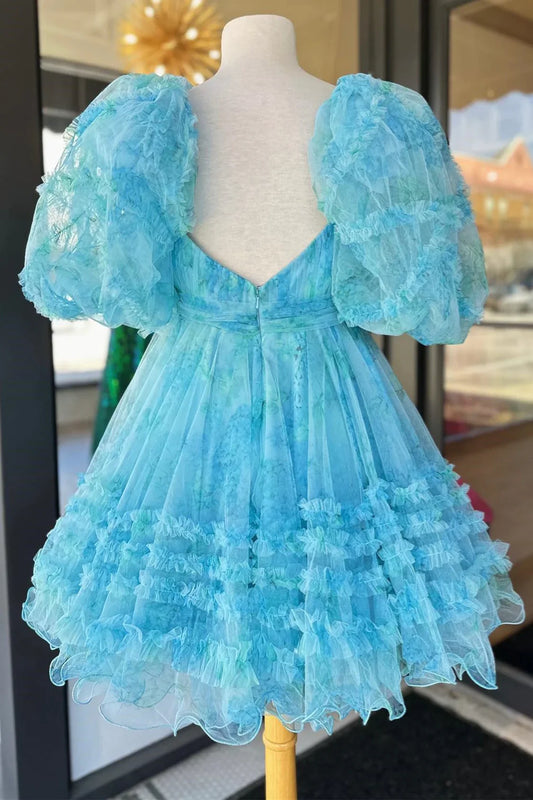 Blue Floral Print Short Baby Doll Homecoming Dress with Balloon Sleeves fg3590
