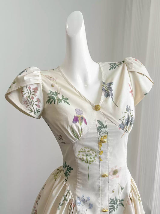 French retro plant print homecoming dress for women summer short niche design 11288