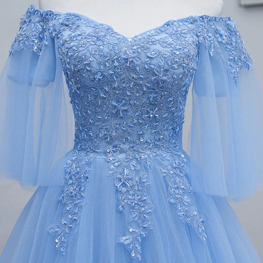 Lovely Light Blue With Lace Off Shoulder Short Prom Dress, Blue Homecoming Dresses fg3428