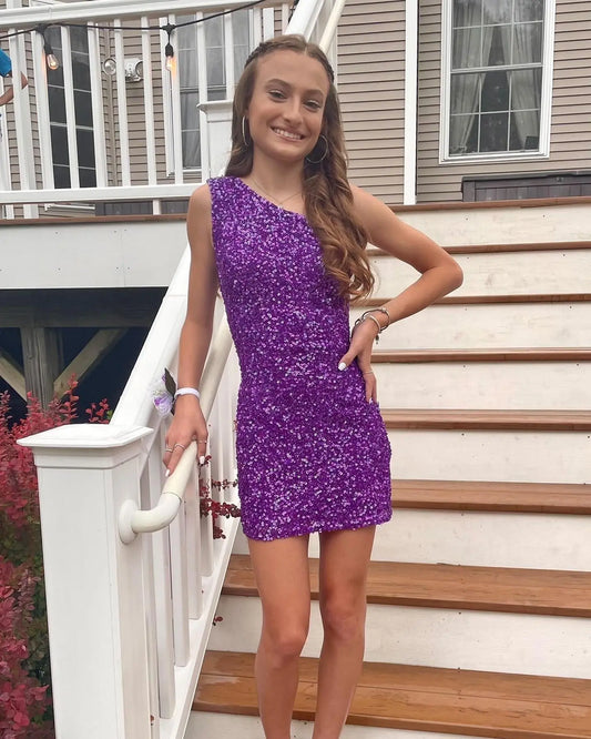 One Shoulder Purple Sequin Bodycon Mini Dress Short Prom Dress fg3657