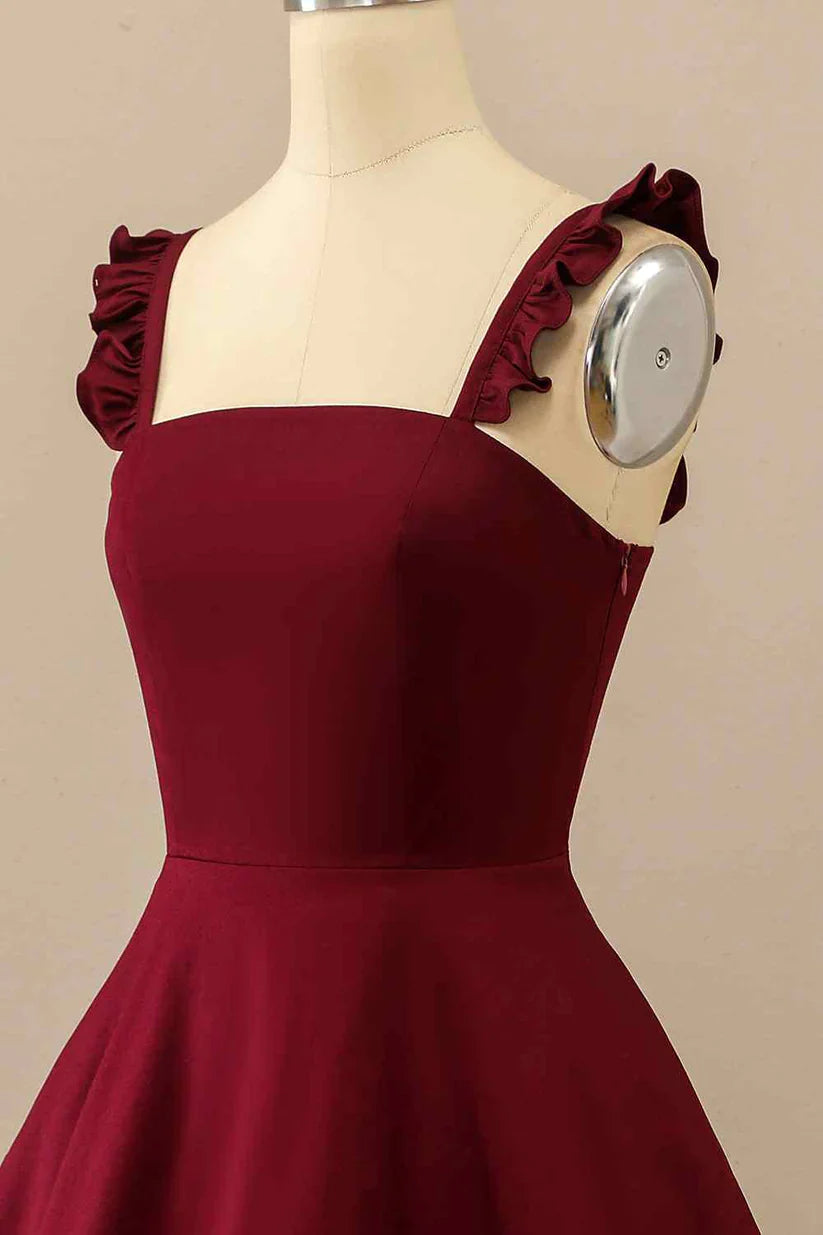 Burgundy A-line Ruffle Straps Satin Mini Homecoming Dress fg3452