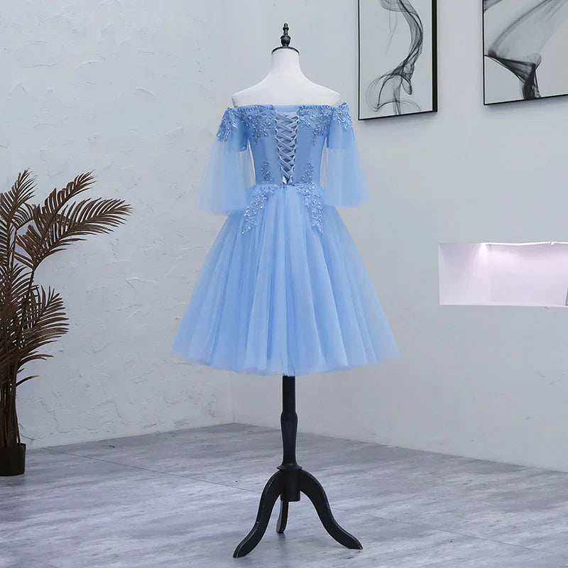 Lovely Light Blue With Lace Off Shoulder Short Prom Dress, Blue Homecoming Dresses fg3428