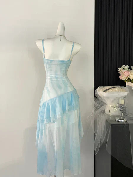Light blue ruffle floral pleated short homecoming dress prom dress birthday dress gh4616
