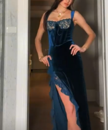 Sexy Slit Velvet Lace Long Prom Dress Evening Dress SH900