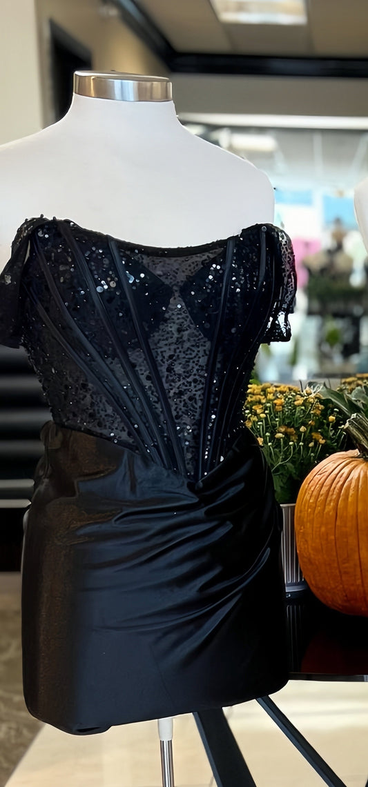 Off The Shoulder Black Sequin Homecoming Dress, AST1518