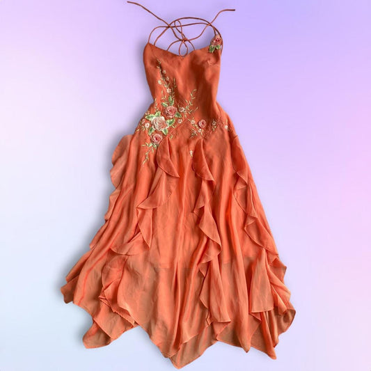 ____Orange Fashion Long/Short Ruffle Floral Embroidery Beaded Homecoming Dress Prom Dress Party Dress gh4676
