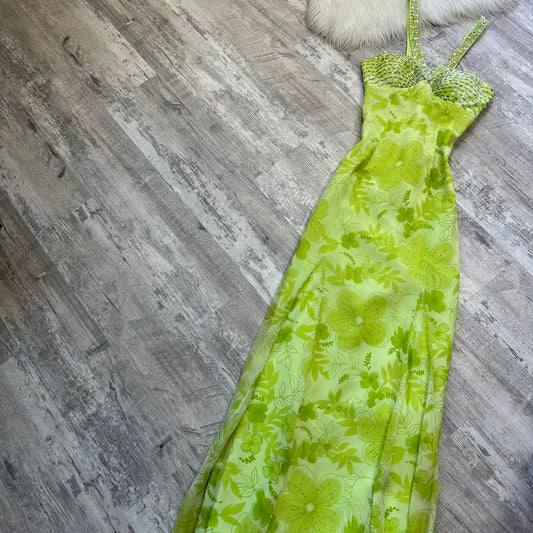 Beautiful light green maxi dress floral sequins vintage prom dress 90s dress maxi dress y2k dress fairy dress wedding guest dress homecoming dress gh4516