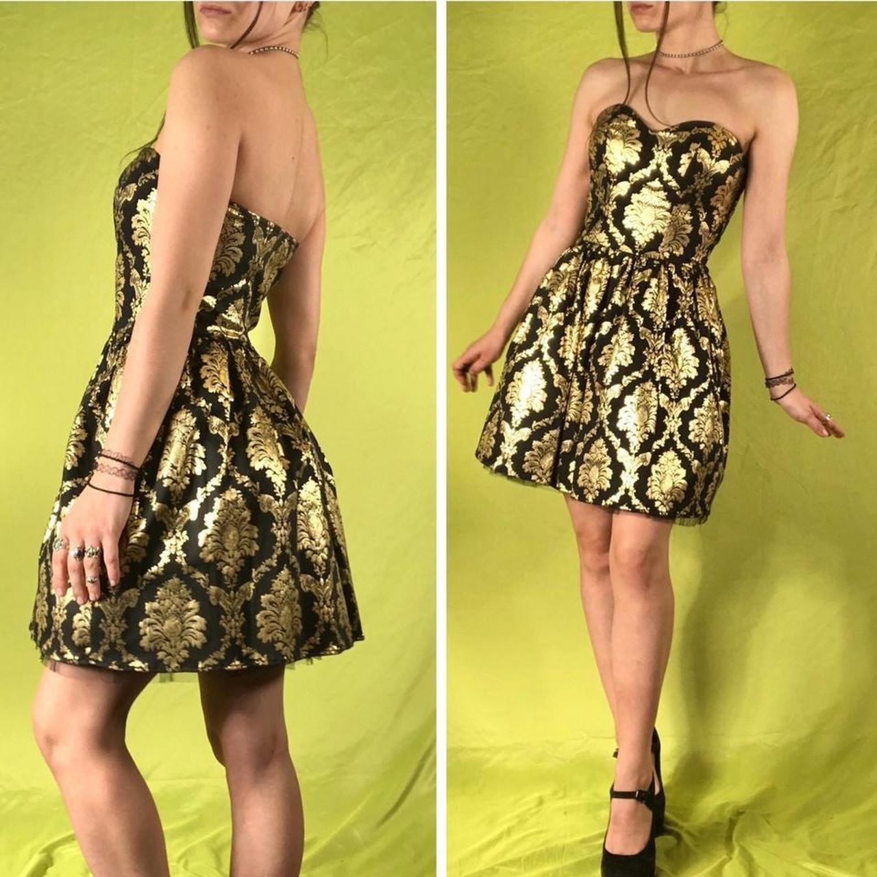 __ Y2K Gold and Black Fashion Jacquard Brocade Printed Mini Short Homecoming Dress Cocktail Dress Party Dress gh4610