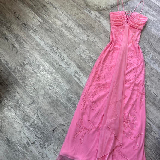 Cute pale pink iridescent sequined flowy maxi dress vintage prom dress sequin dress y2k dress fairy dress barbie dress homecoming dress wedding guest dress 2000s gh4514
