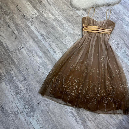 Brown pretty cute glitter gold flower sequin short tulle homecoming dress prom dress evening dress birthday dress gh4314