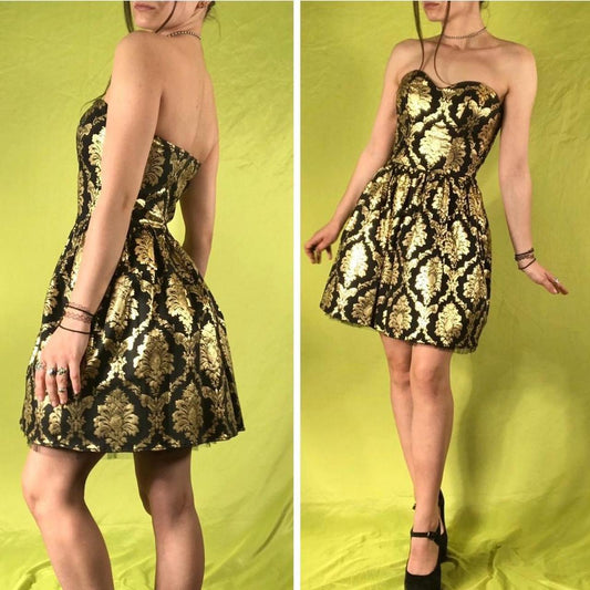 __ Y2K Gold and Black Fashion Jacquard Brocade Printed Mini Short Homecoming Dress Cocktail Dress Party Dress gh4610