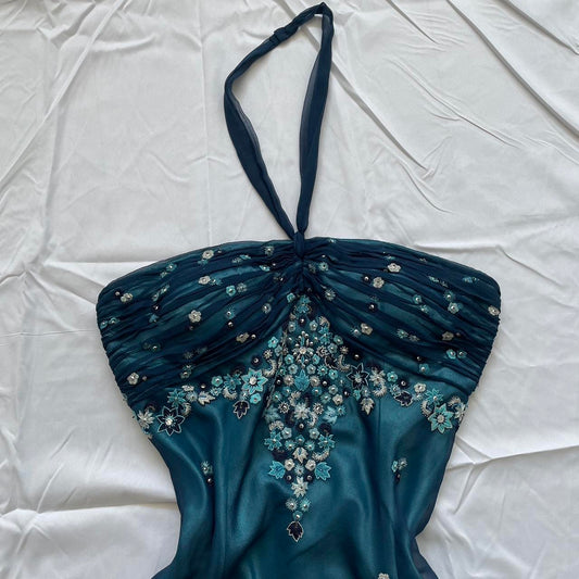 amakanas-Blue floral beaded short halter chiffon homecoming dress birthday party dress gh5263