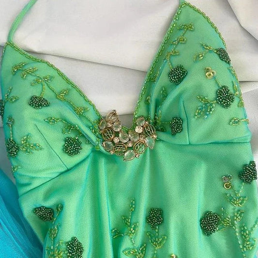 Blue Green Forest Moonlight Goddess Backless Mermaid Style Beading Elegant Long Chiffon Birthday Dress Prom Dress Party Dress Homecoming Dress gh4671