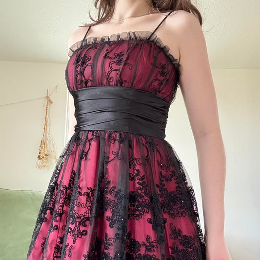 Deep Red Black Y2K Gothic Floral Sequined Tulle Satin Comfort Short Mini Homecoming Dress Party Dress gh4741