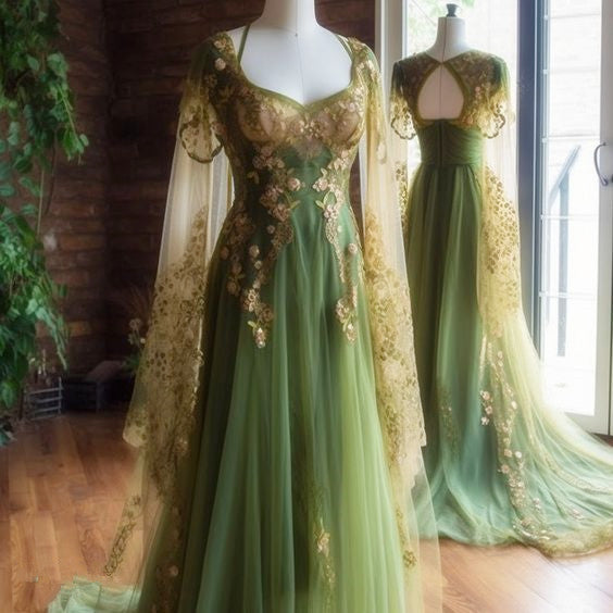 Vintage A Line Tulle Sage Green Prom Dress P1461