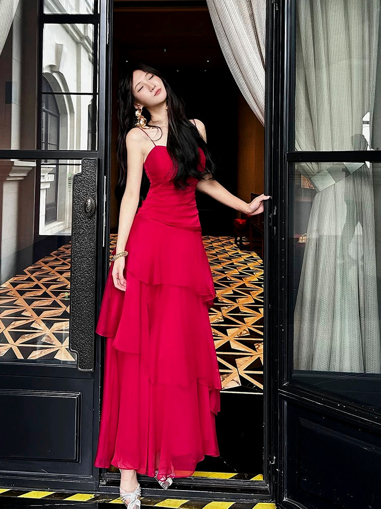 Pretty Sheath Spaghetti Straps Red Long Length Chiffon Prom Dresses Evening Gowns Birthday Dress P2353