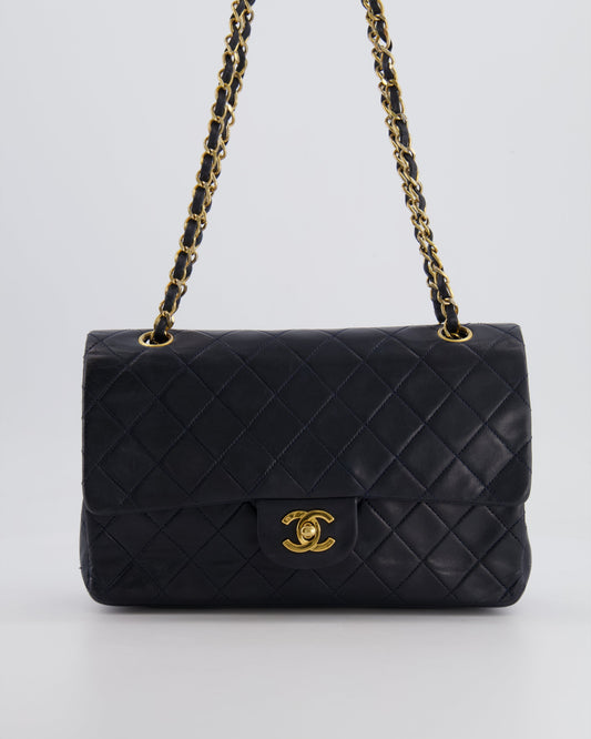 Chanel Vintage Navy Medium Classic Double Flap Bag in Lambskin Leather with 24K Gold Hardware