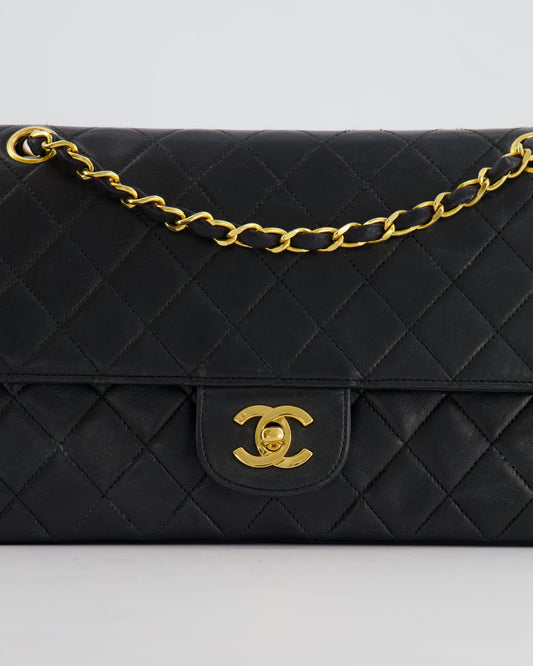 Chanel Vintage Black Classic Medium Stitched Edge Double Flap Bag in Lambskin Leather with 24K Gold Hardware