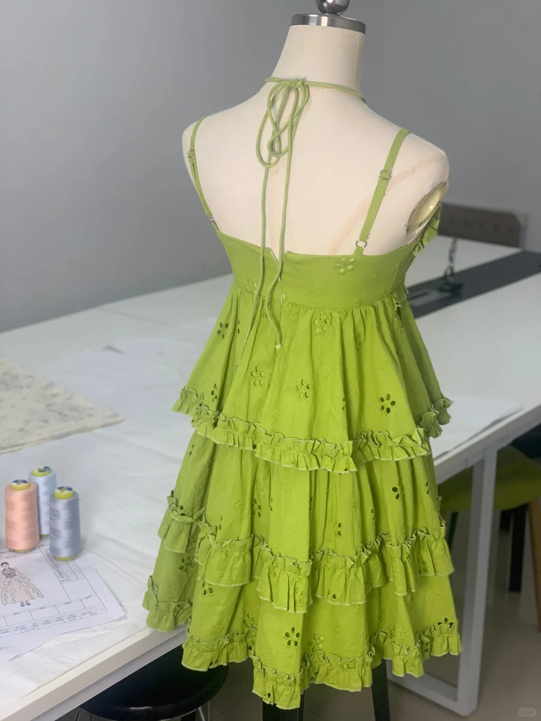 Fresh Green Floral Embroidery Smocked Lace Homecoming Dress P3174