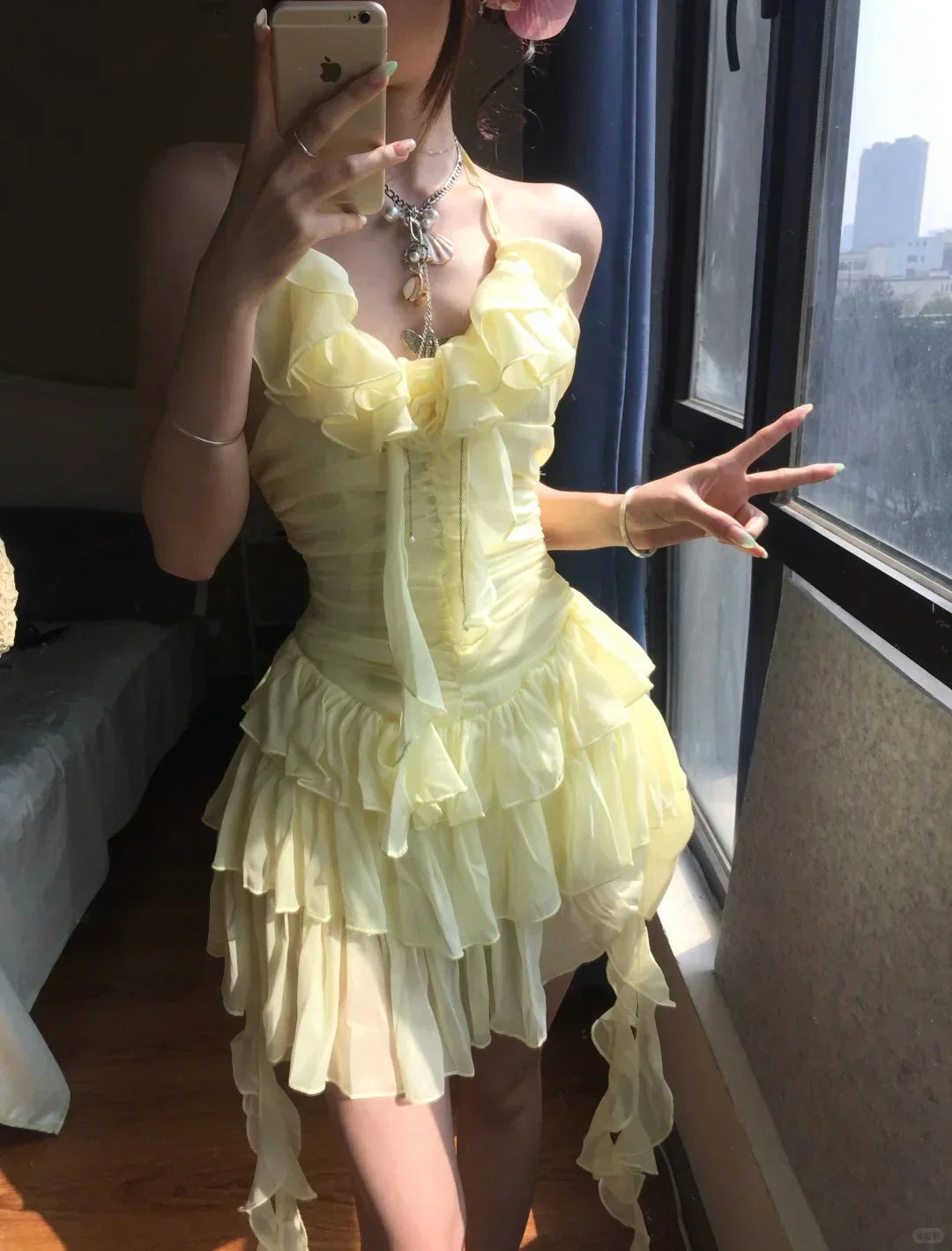 Yellow ruffle short tulle homecoming dress birthday dress gh4912