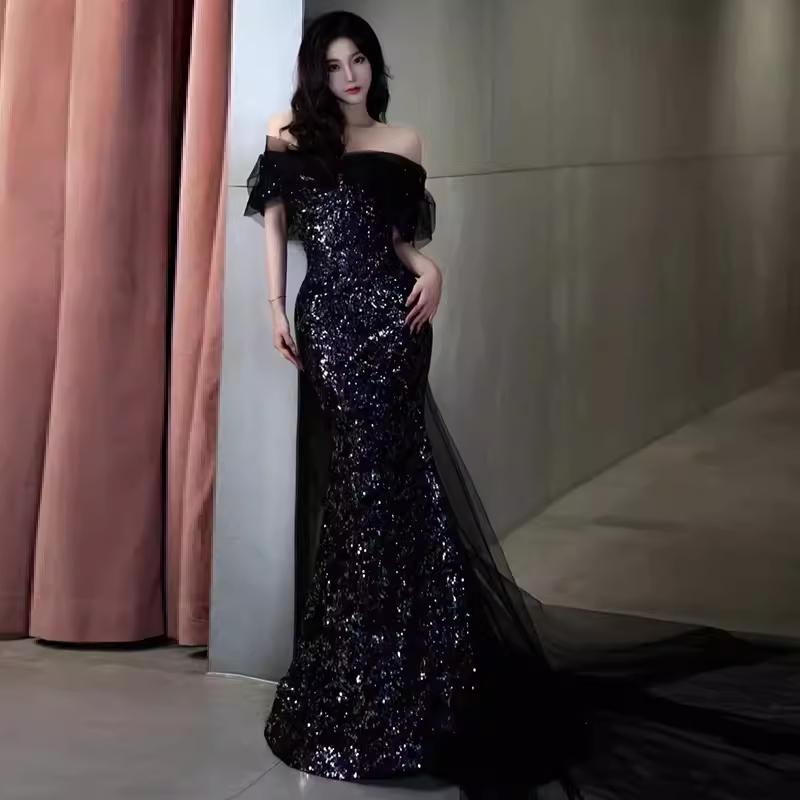 Sexy Mermaid Long Black Sequin Prom Dresses With Cap Sleeves Long Prom Dress P475