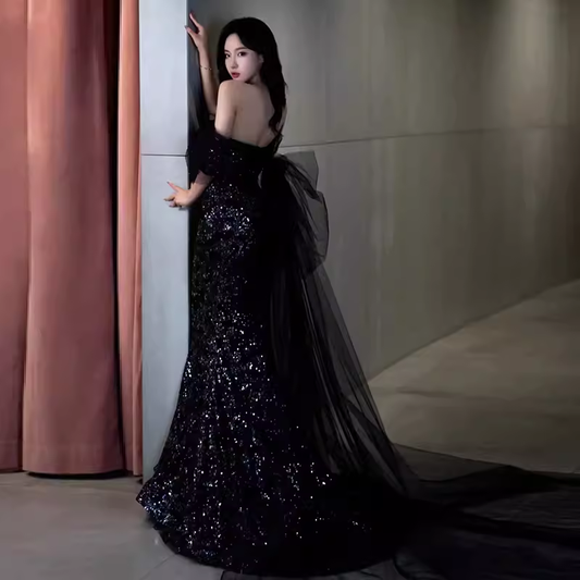 Sexy Mermaid Long Black Sequin Prom Dresses With Cap Sleeves Long Prom Dress P475