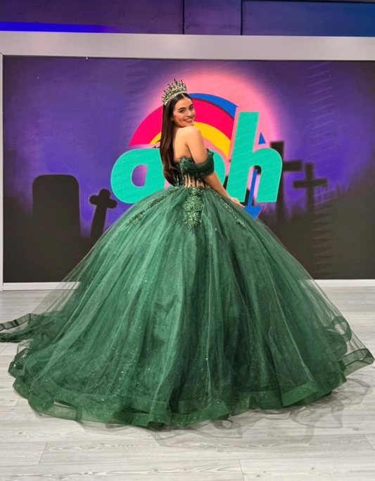 Green Tulle Applique Off the Shoulder Long Prom Dress Quinceanera Dress Ball Gown SH2446