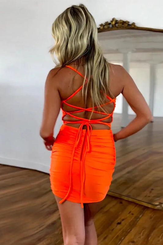 Short Orange Homecoming Dress with Spaghetti Straps and Corset Back