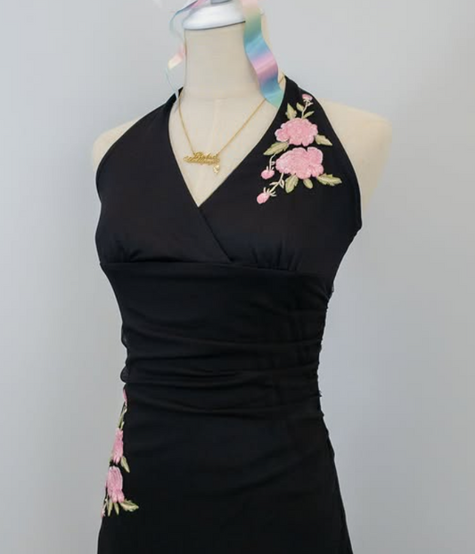 Black Vintage Halter Neck Embroidery Pink Floral Long/Mid-Length Chiffon Homecoming Dress Prom Dress gh4652