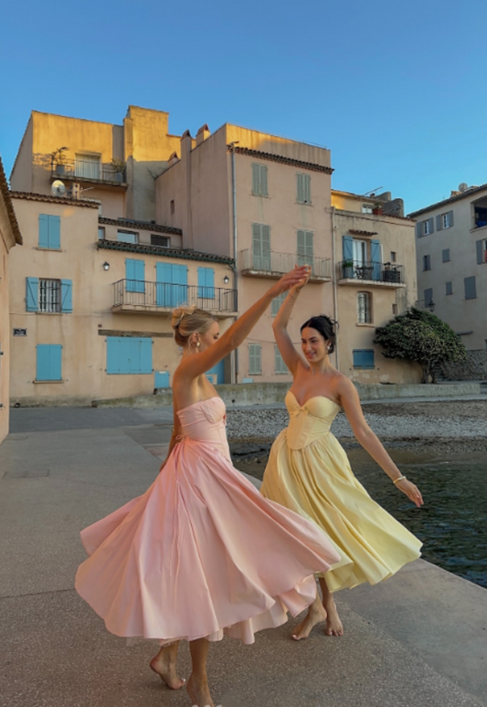 amakanas-Yellow pink basic simple sweetheart neckline A-line short satin short tea length homecoming dress birthday dress gh5290