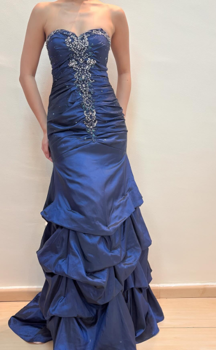 amakanas-Vintage royal blue dress with sewn beading and adjustable back gh6178