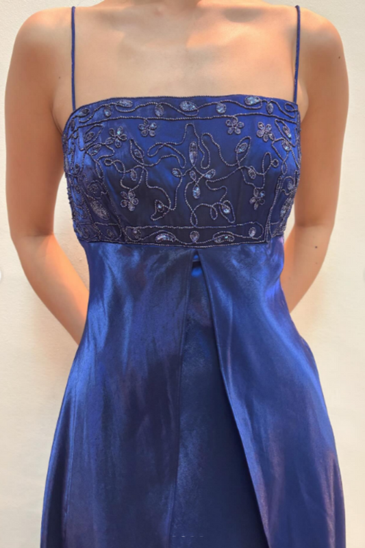 amakanas-Dark Navy Blue Imperial Dress Sparkling and charming delicate beaded spaghetti strap vintage dress gh6179