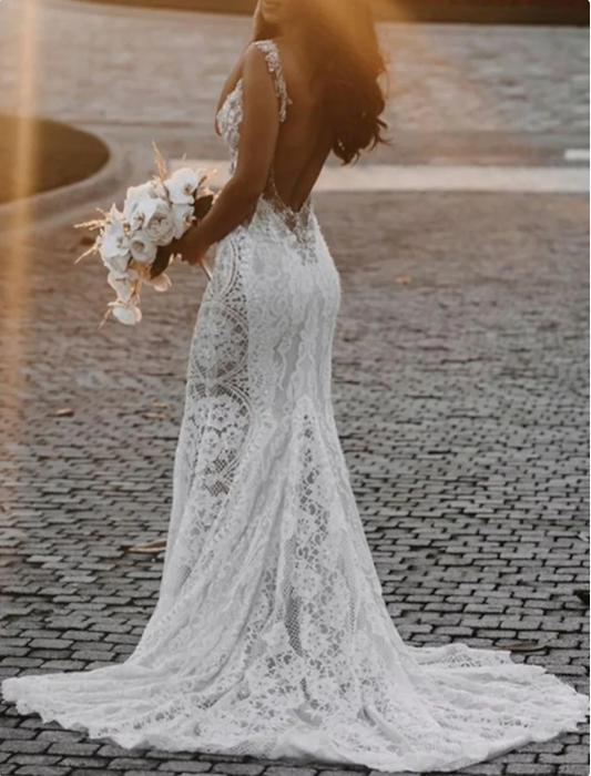 Elegant Lace V-neck Mermaid Beaded Long Wedding Dress TP4818