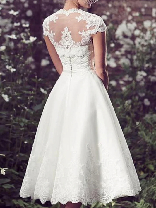 Elegant White Applique Cap Sleeve Tea Length A-Line Wedding Dress TP4820