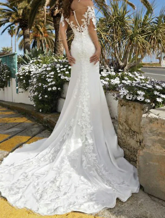 Elegant White Applique Sweetheart Off-the-shoulder Mermaid Satin Trailing Long Wedding Dress TP4824