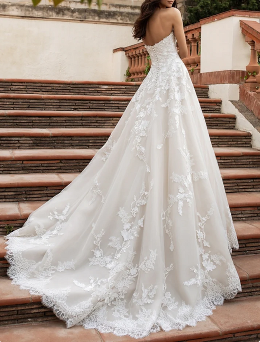 Elegant White Lace Applique Sweetheart A-Line Strapless Trailing Long Wedding Dress TP4830