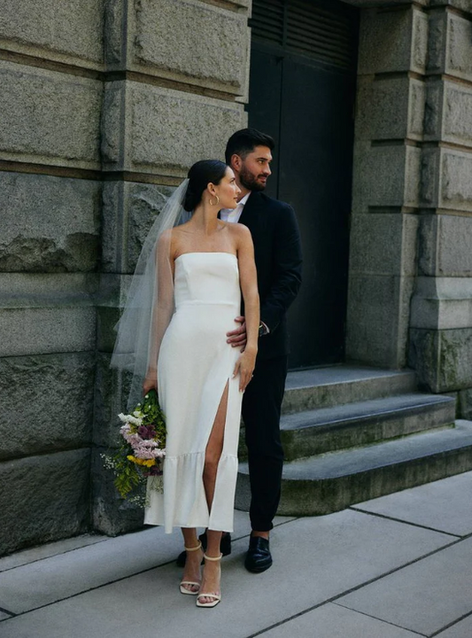 Elegant White Satin Strapless High Slit Sheath Wedding Dress TP4831