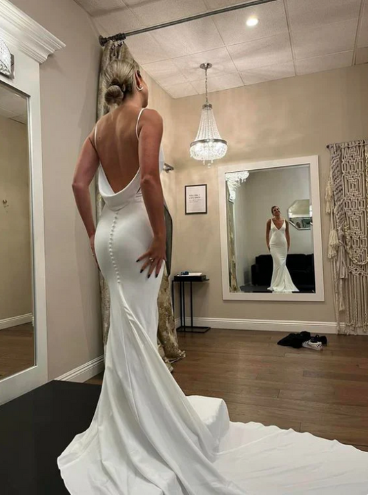 Elegant White Satin Straps V-neck Sheath Trailing Long Wedding Dress TP4832