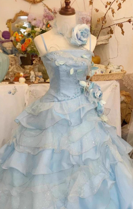 Vintage Sky Blue Spaghetti Strap Sweet 16 Quinceanera A-Line Floor-length Tiered Prom Dress Birthday Dress Evening Dress Ball Gown TP4842