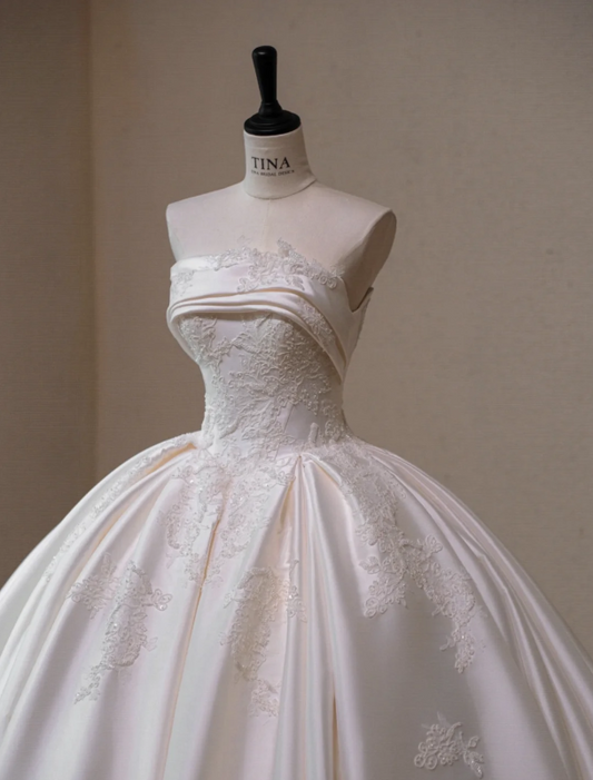 Gorgeous White Satin Applique A-Line Strapless Long Wedding Dress TP5045