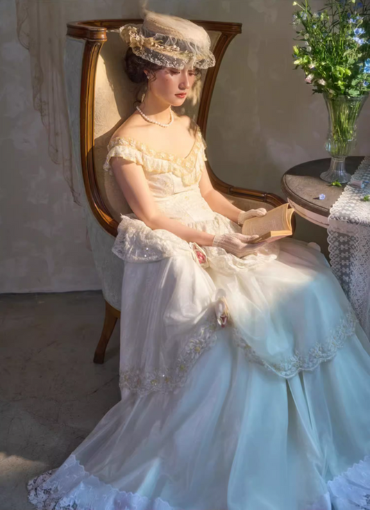 Glamorous Vintage Ivory Lace Off-Shoulder Floral Accents & Tulle Veil Wedding Dress TP5309