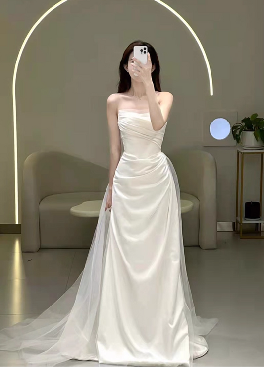 Glamorous Off-Shoulder Ivory Satin Sheer Tulle Puff Sleeve Sheath Train Wedding Dress TP5310