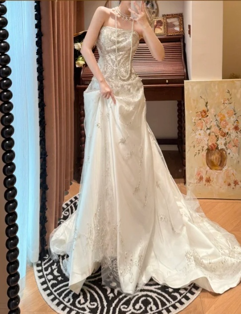 Vintage Strapless Beaded Embroidery Satin Sheath Long Train Wedding Dress TP5325