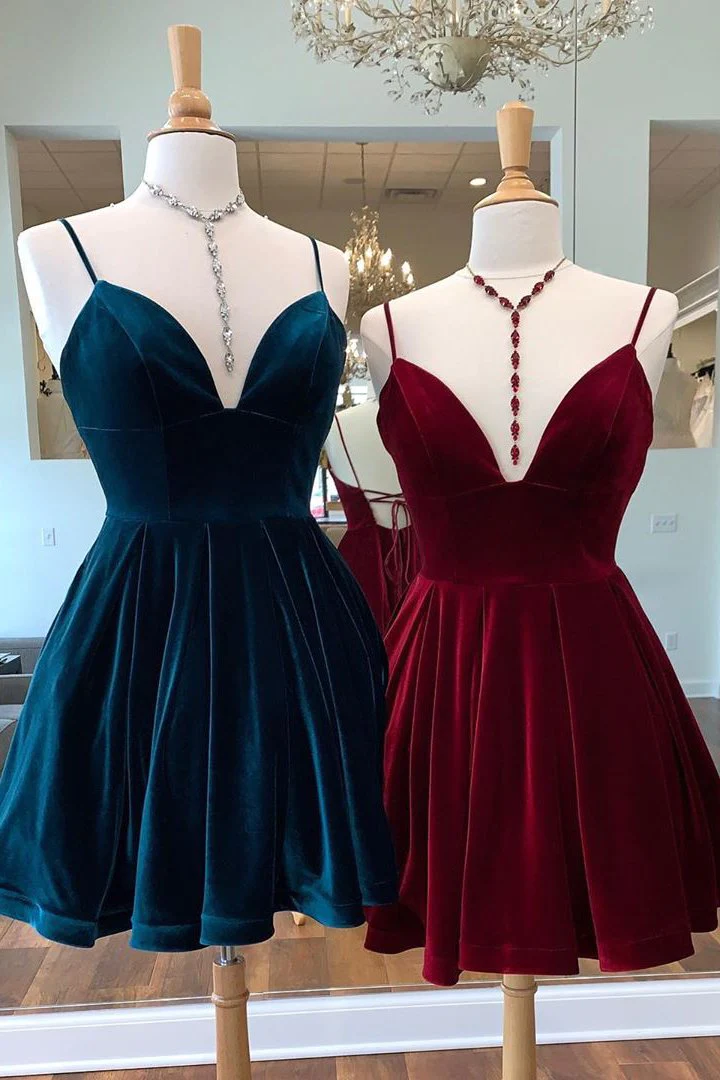 Tie Back Straps Velvet Navy Blue Homecoming Dress gh835